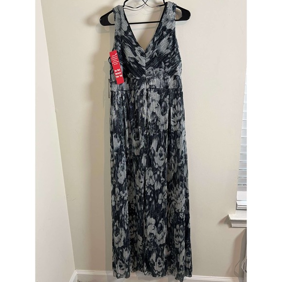 R&M Richards Long Formal Metallic Print Crinkle Dress Rhinestone Trim 6 - Picture 6 of 8